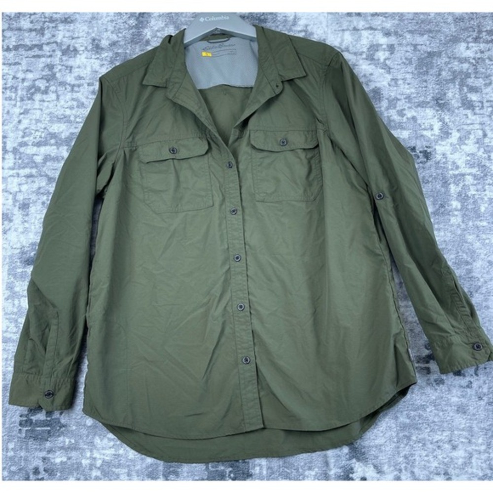 Eddie Bauer Womens Hiking Shirt Large‎ Olive Green Long Sleeve Vented Outdoor